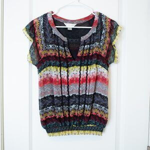 Boho Ruched Multicolor Knit Blouse Gradient Ornate Stripe Print S Bright Spring